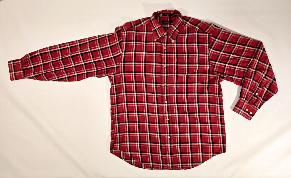 Nautica Men's Red Black White Plaid Long Sleeve 100% Cotton Shirt Size Medium